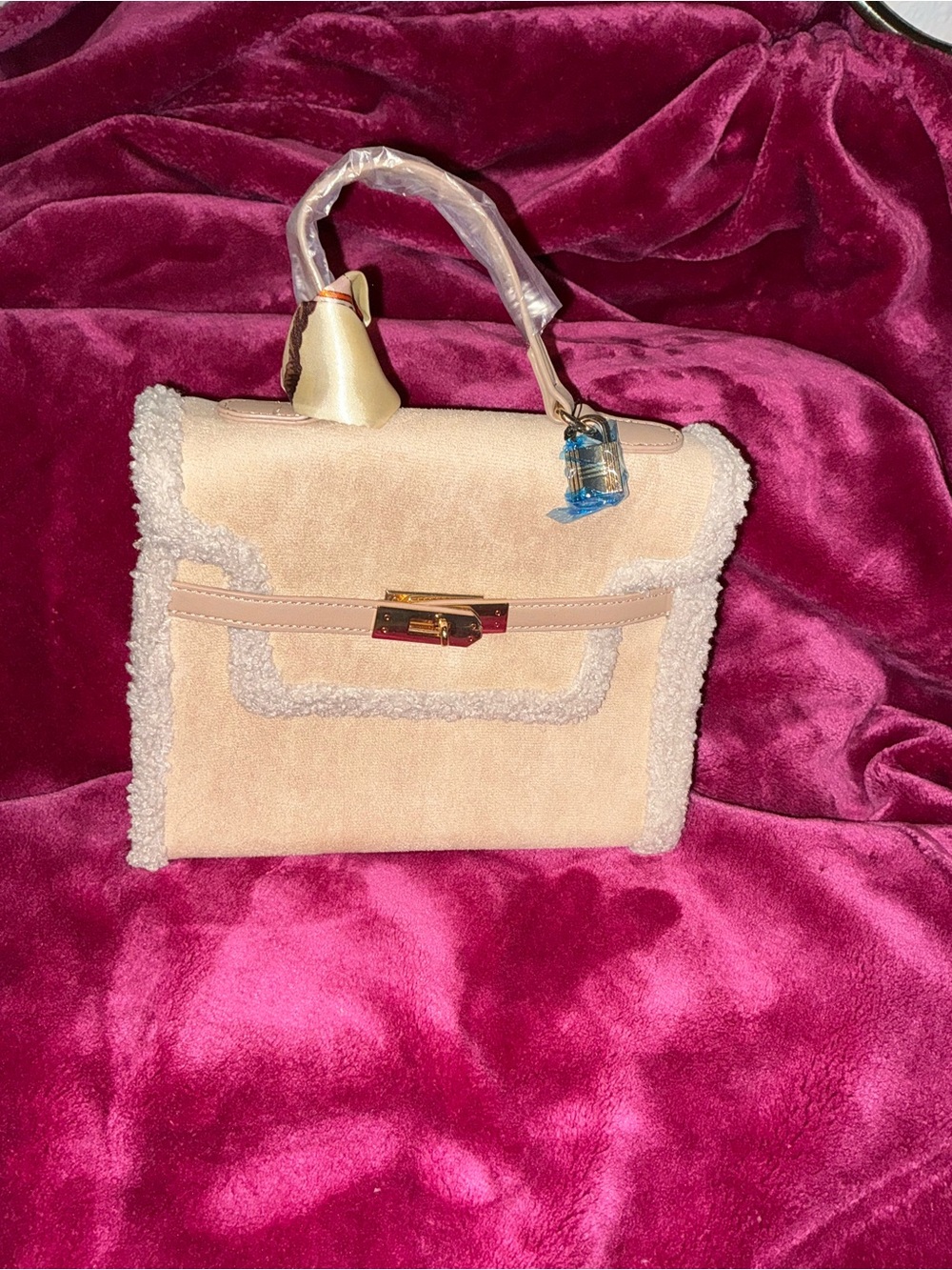 NWT Badgley Mischka Fur Border Satchel Beige Teddy Sherpa Vegan Leather Bag